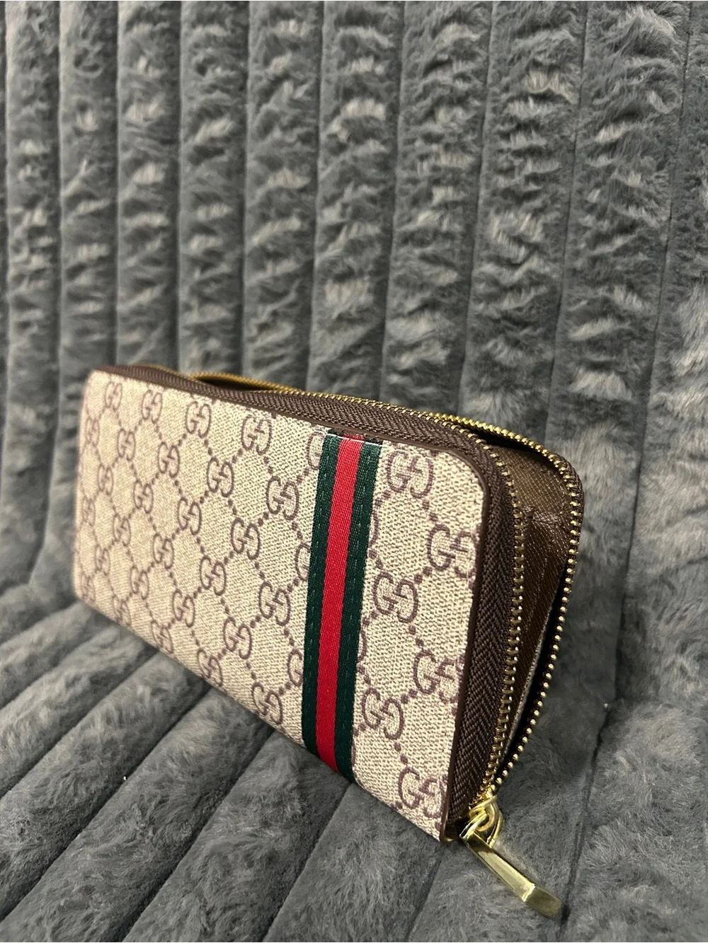 Gucci Beige Monogram Zip Wallet with Green-Red Web Stripe